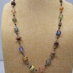 Handmade Funky Glass Bead Link Necklace Silver tone Hook Closure 25"L